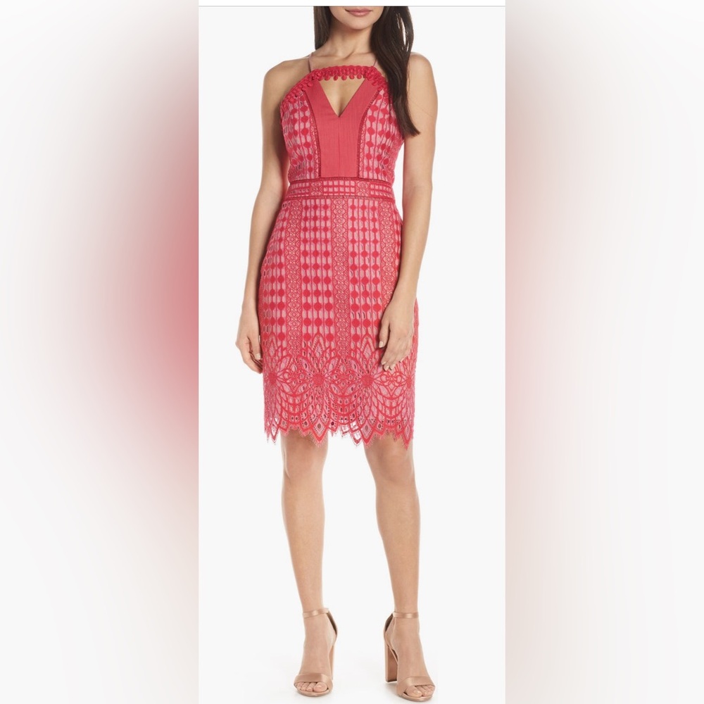 Red/Pink Harlyn Contrast Chiffon Lace Halter
Body-Con Dress